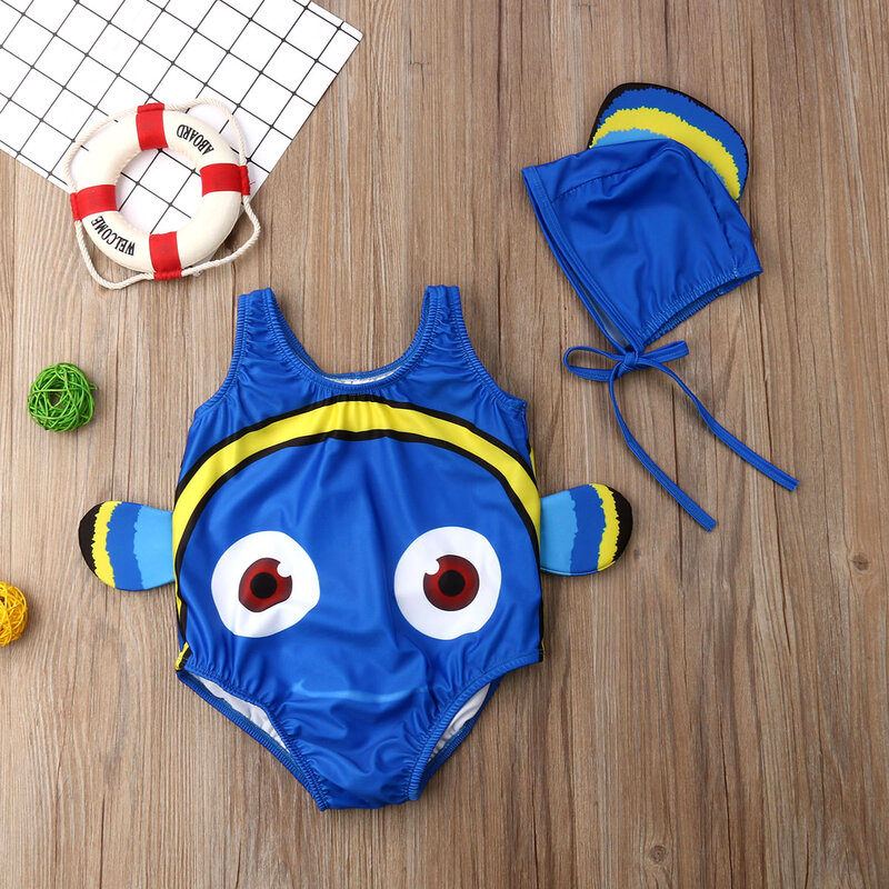 حار الاطفال طفلة ذهبية ملابس السباحة بيكيني طفل زي ملابس السباحة + قبعة السباحة لطيف 3D الكرتون 2 قطعة تتسابق 1-5T