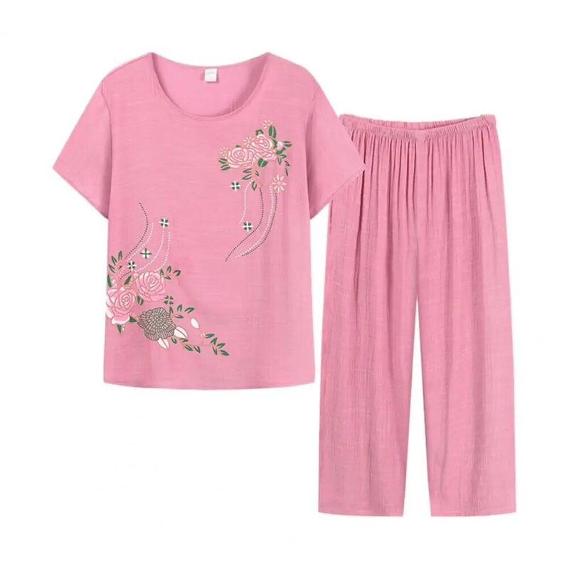Letnie damskie Homewear zestaw z krótkim rękawem kwiatowy T-shirt z nadrukiem spodnie luźne dwa kawałki zestaw kobiet strój mama w średnim wieku