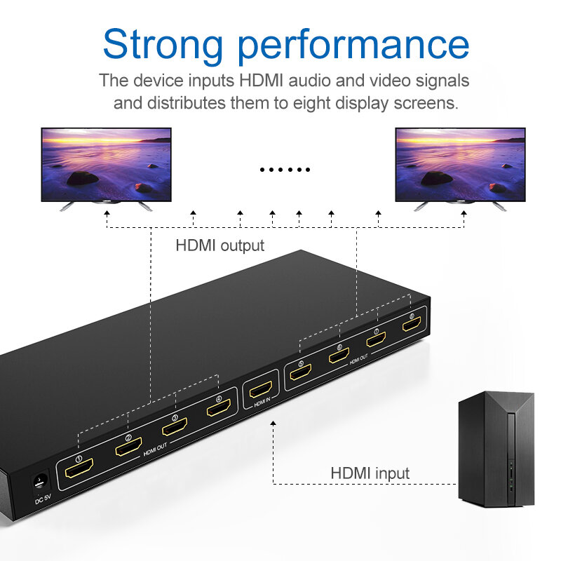 1 in 8 out splitter compatibile HDMI 4K 3D 1080P 1x8 Switcher KVM Video compatibile HDMI per HDTV DVD PS3 ps4 Xbox