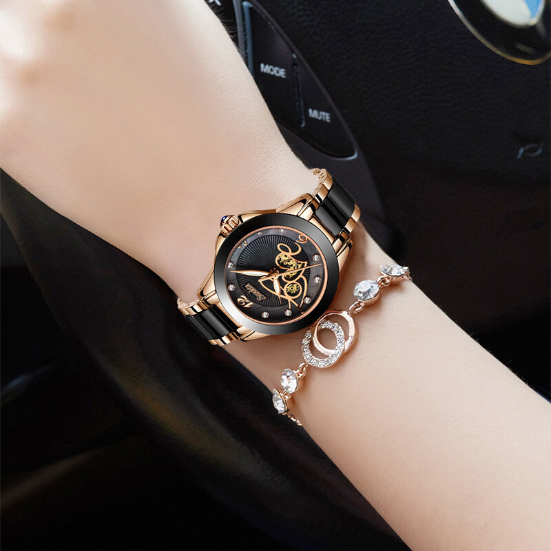 SUNKTA-relojes de lujo para mujer, de cerámica negra con diamantes, reloj de pulsera resistente al agua de cuarzo, relojes femeninos, regalo