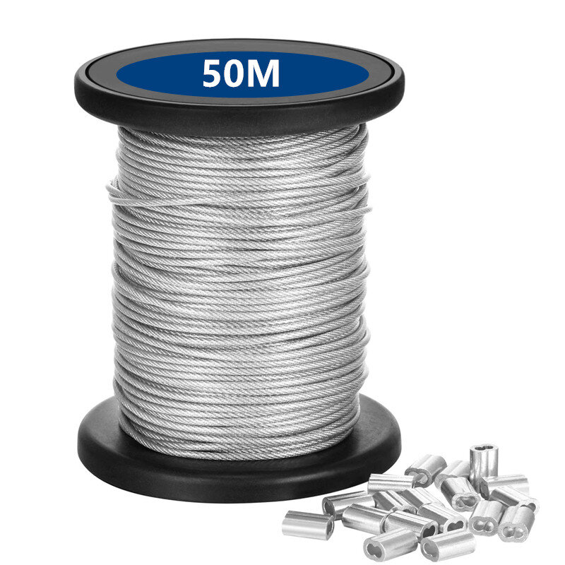 1.5/2/3mm*50m Stainless Steel Wire Rope Resistant Strong Line PVC Coated Flexible Clothesline Kit