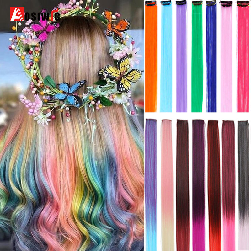 AOSI длинные прямые цветные синтетические волосы для наращивания на заколках, одна штука, радужные полосы, розовые пряди для волос для женщин и девочек для волос волосы пряди волос на заколках цветные пряди волос
