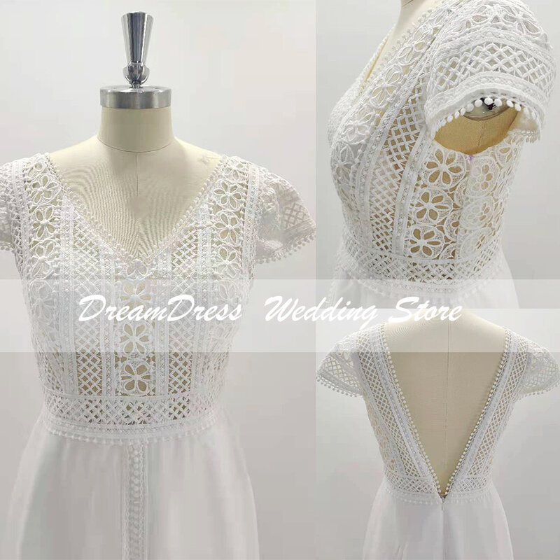 TRAUM Boho Chiffon Backless Hochzeit Kleid Für Frauen 2023 V-ausschnitt A-linie Cap Sleeve Strand Braut Kleid Bodenlangen Bohemian