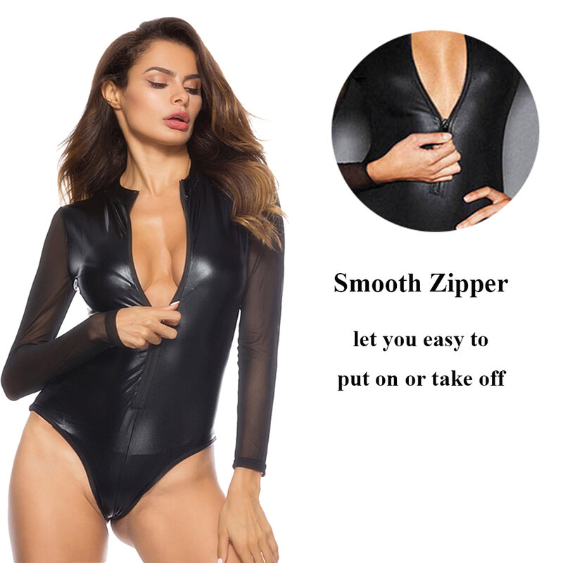 Long Sleeve Mesh Transparent Faux Leather Bodysuit Zipper Latex Wet Look Jumpsuit Clubwear Party PVC Catsuit