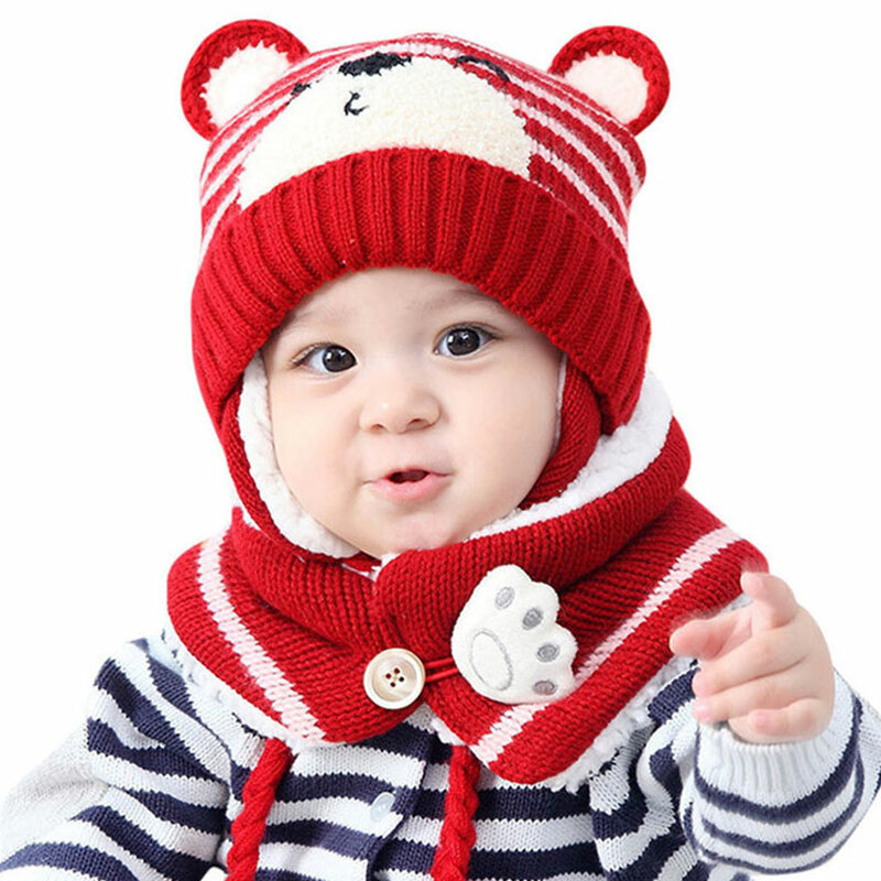 Unisex Cartoon Bear Stripe Chapéus e cachecol para crianças, Baby Cap Set, Criança Inverno Earmuffs Hat, terno quente, menina, menino, criança