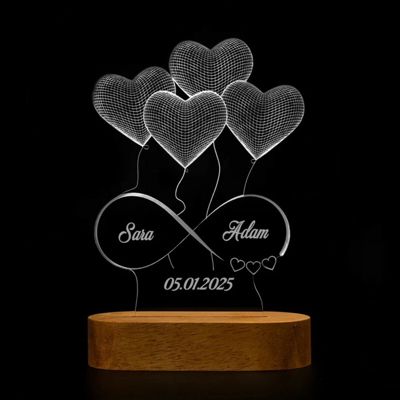 Ballons en forme de cœur Infinity à Led, lampes de nuit personnalisées, gravure Laser, nom, Date, lampe 3D pour Couples, lumières décoratives