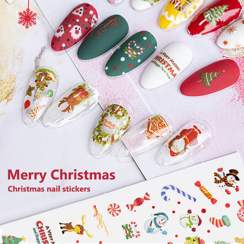 1 시트 스티커 크리스마스 손톱 데칼 눈송이 봉투 크리스마스 눈사람 장식 겨울 손톱 매니큐어 도구