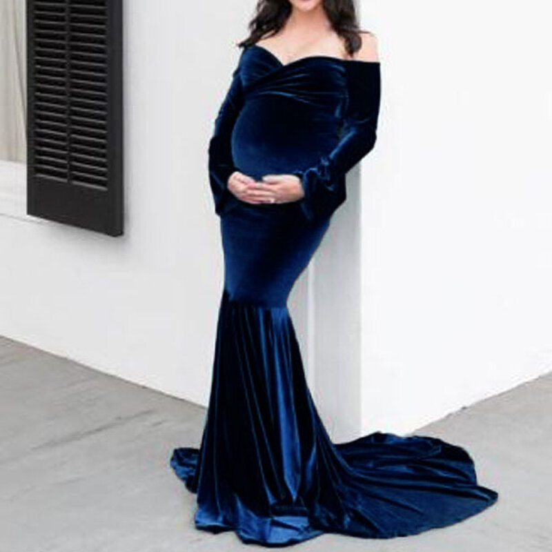 2022 ملابس علوية بأكمام طويلة للربيع الأمومة التصوير فساتين ذهبية المخملية فستان الحمل الخامس الرقبة المرأة الحامل ملابس الحفلات S M L X