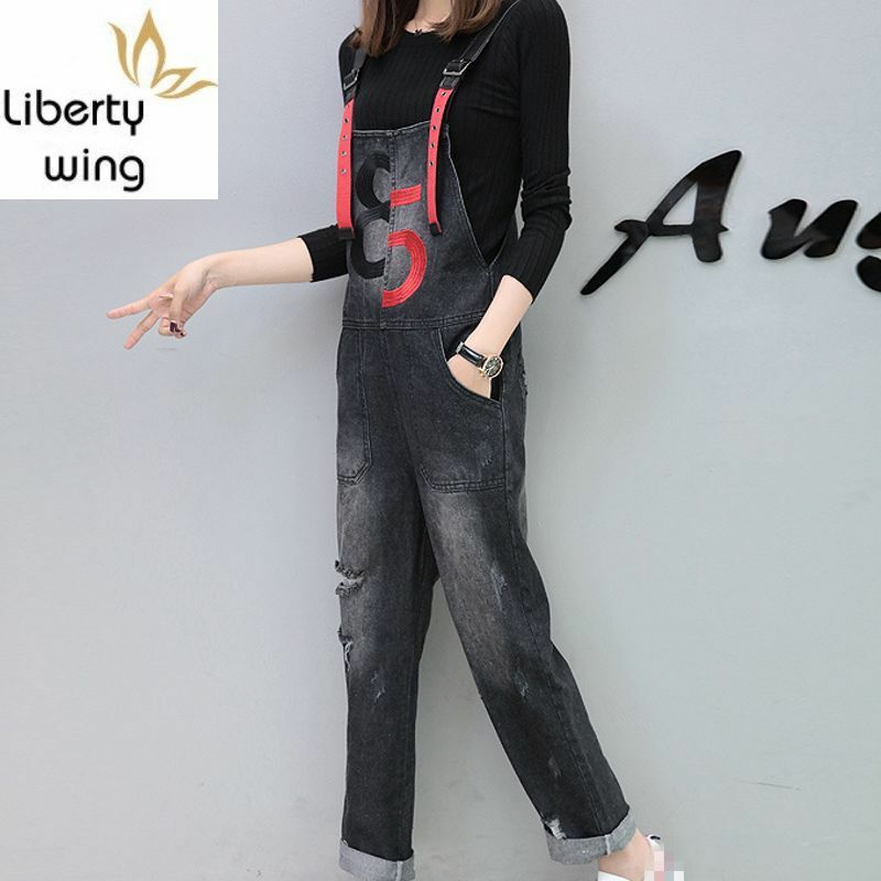 Novo macacão feminino solto em jeans, moda outono, casual, rasgado, com buracos, bordado europeu, tamanho grande 5xl