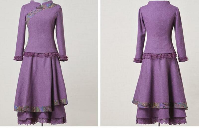 Vintage bordado lã top coat + cintura alta a-line saia duas peças conjuntos