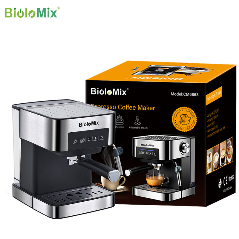 بيولوميكس آلة صنع القهوة الإيطاليةجهاز صانع قهوة إسبريسو و الكابتشينو و اللاتي و الموكا، يتميز بخاصية تزبيد الحليب، و تبلغ قدرته الكهربائية 20 بار