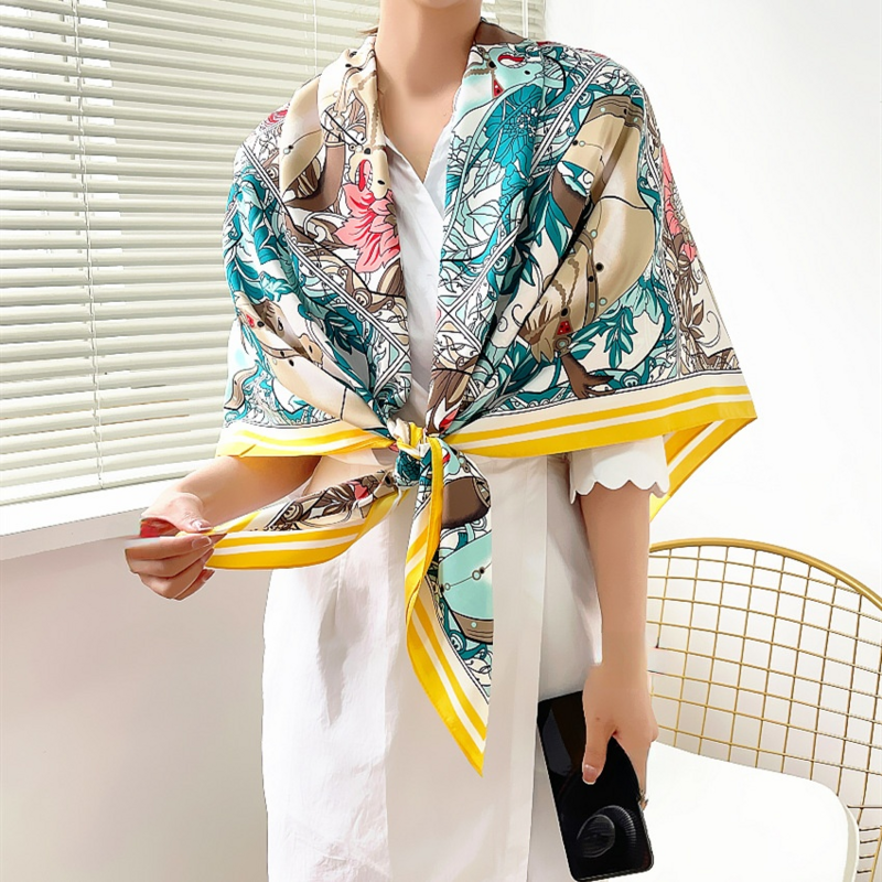 Lenço de seda quadrado feminino 100% bandana de seda, xale fashion, lenço para senhoras, design de marca, cavalo lindo, 130cm