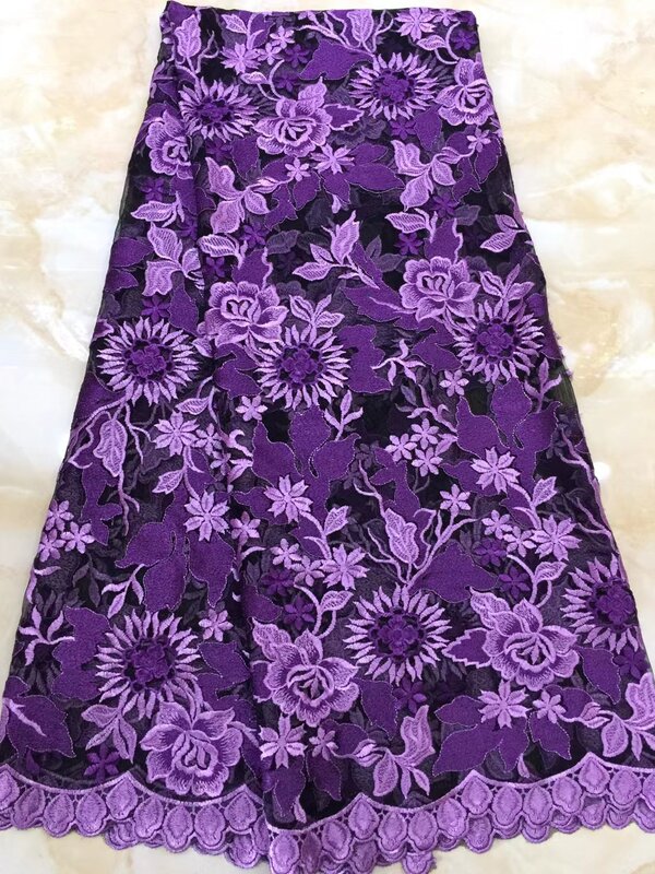 Tela de encaje africano 2022 de alta calidad, tejido de tul Floral púrpura francés con bordado para costura de fiesta y boda, última novedad