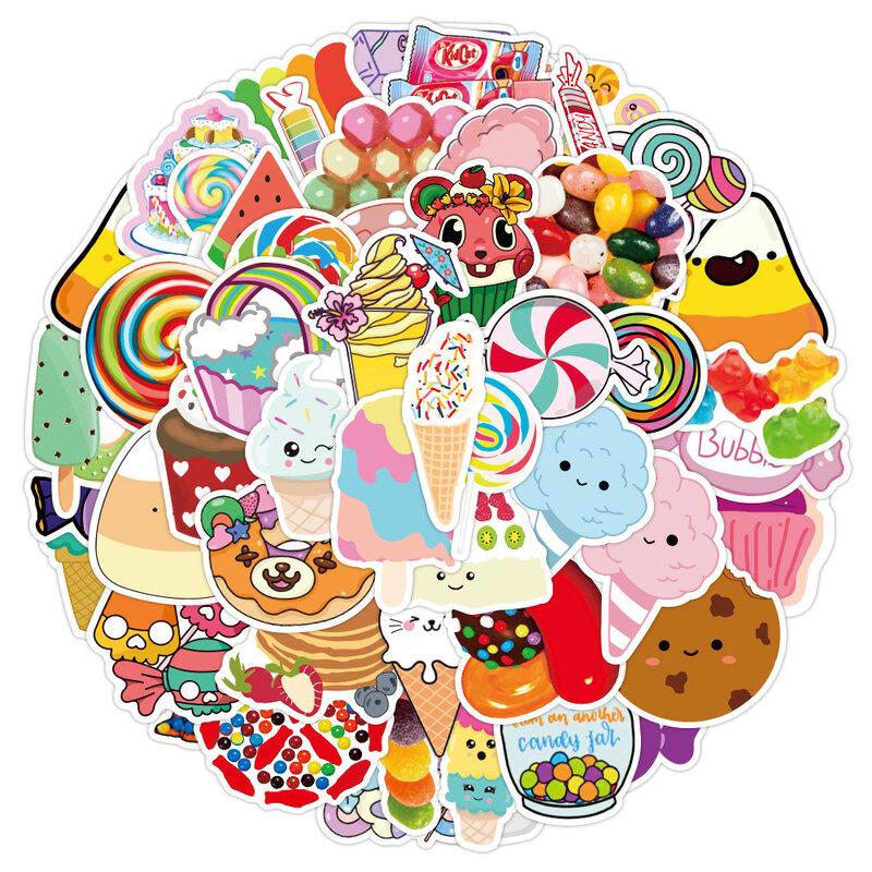 Autocollants de dessin animé Kawaii pour enfants, bonbons, crème glacée, nourriture, vélo, planche à roulettes, réfrigérateur, ordinateur portable, bagage, cadeau amusant, bricolage, 10 pièces, 30 pièces, 50 pièces