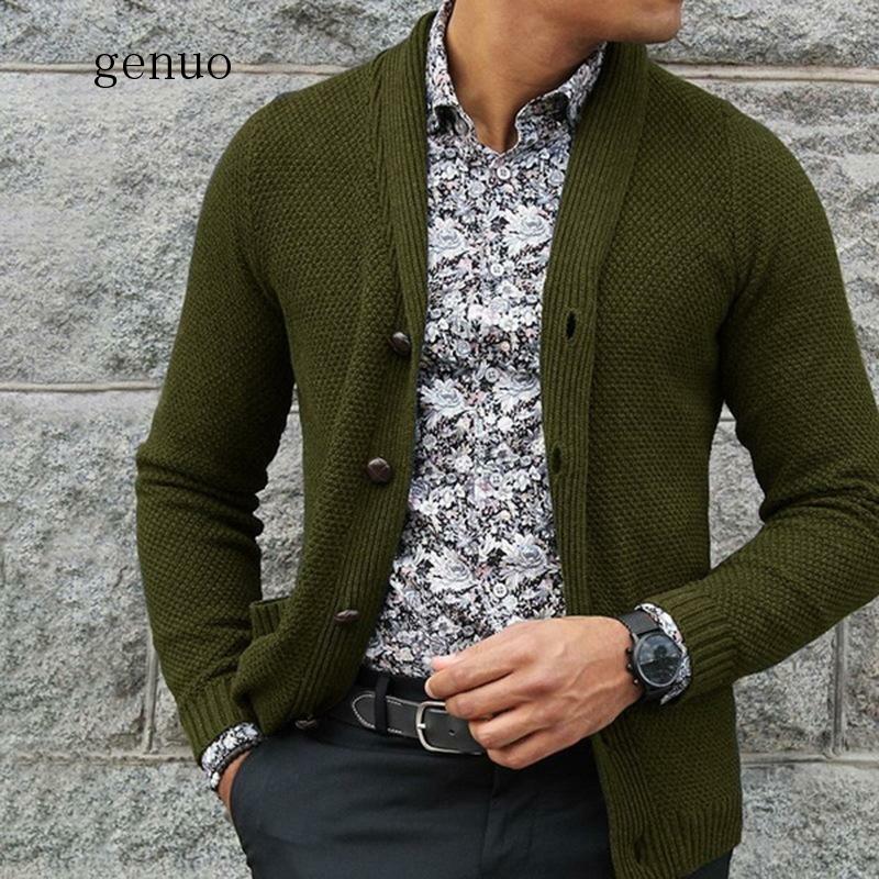 Cardigan tricoté à col rabattu pour homme, vêtement d'extérieur, couleur unie, pull décontracté, automne, 2020