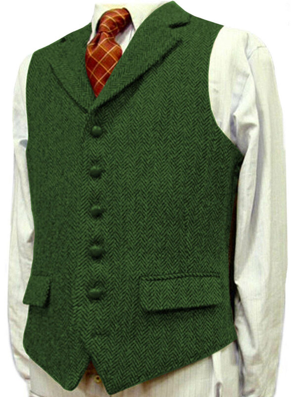 Terno masculino colete lapela v pescoço lã espinha de peixe colete casual formal negócio groomman para casamento verde/preto/marrom/verde/cinza