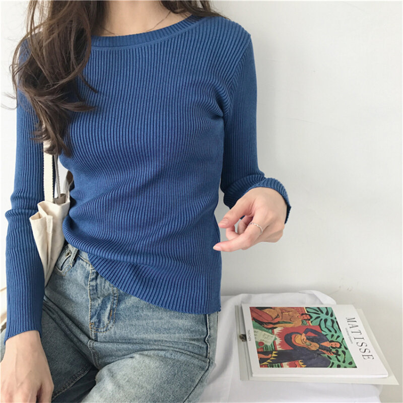 2022 Autumn Winter O-Neck Ribbed Pullover Knitted Women Long Sleeve Slim Elasticity Jumper Ladies Cotton Soft Green Sweater Tops