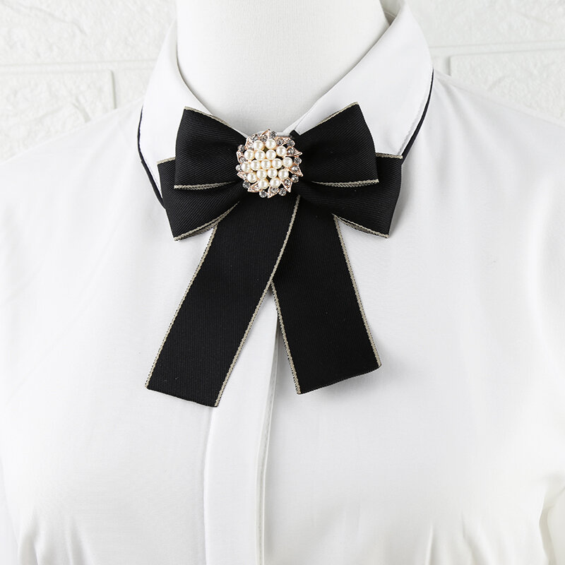 Bow Tie Brooch for British Korean Women's Bank Hotel College Style Shirt Accessories Handmade Crystal Pearl Collar Flower Bowtie