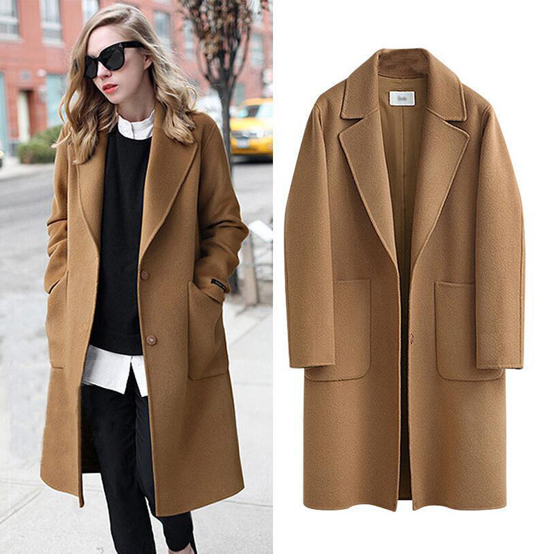 Осеннее пальто, Женское шерстяное пальто, повседневные толстые куртки с длинным рукавом, женское винтажное свободное теплое шерстяное паль...