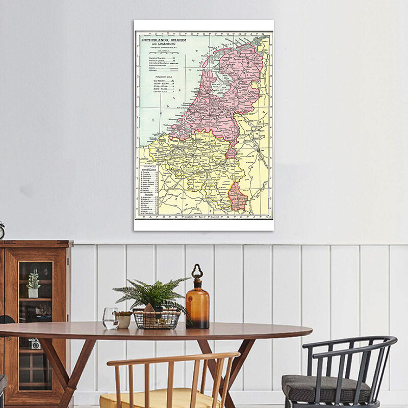 Mapa vintage da bélgica e holanda s em 100, arte da parede, pôster, pintura em tela, decoração de casa, material escolar, 150*1938 cm