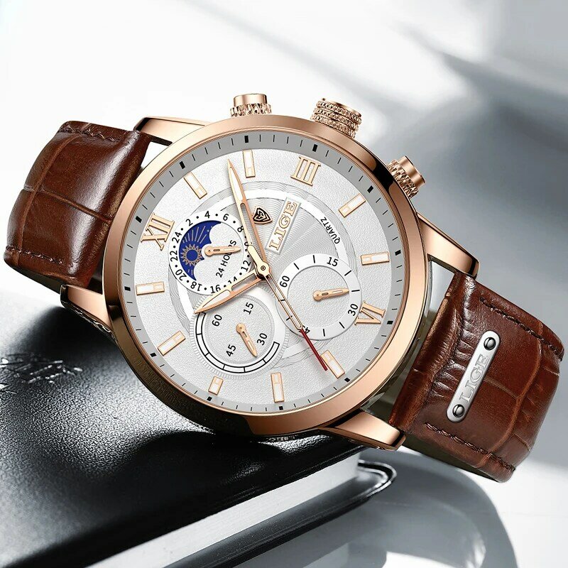 LIGE 남성 시계, 새로운 패션 가죽 방수 빛나는 최고 브랜드 럭셔리 남성 석영 손목 시계, 남성 시계, 상자 포함, 2023