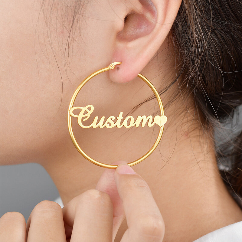 Goxijite Hohe Qualität Personalisierte Name Ohrring Für Frauen Edelstahl Benutzerdefinierte Durchmesser 50mm Kreis Name Ohrringe Party Geschenk