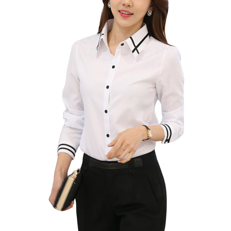 Kobiety bluzki z długim rękawem skręcić w dół kołnierz biuro szkolne OL Slim koszula typu Slim topy Plus rozmiar 5XL NOV99