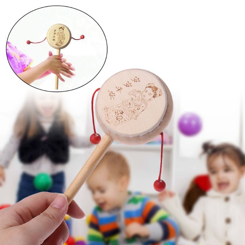 Holz Cartoon Chinesischen Traditionellen Spinning Rassel Trommel Hand Glocke Baby-Musical Spielzeug Y4QA