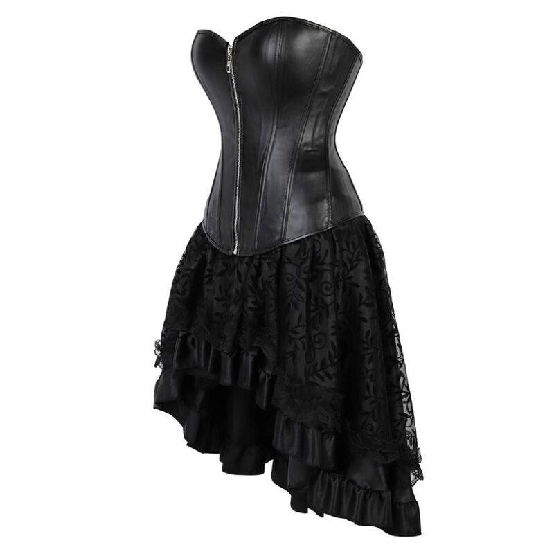 Gothic Steampunk Sexy Leather Zipper Overbust Corset Top Hot Lingerie Bustier Asymmetrical Floral Lace Skirt Club Party Costumes