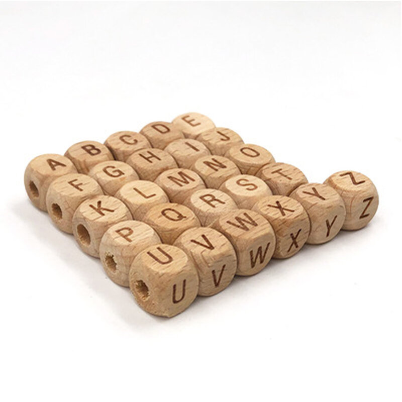 Contas de alfabeto de madeira para bebê, 10mm, 50 peças, quadrado, letras, manequim, chupeta, acessórios de corrente