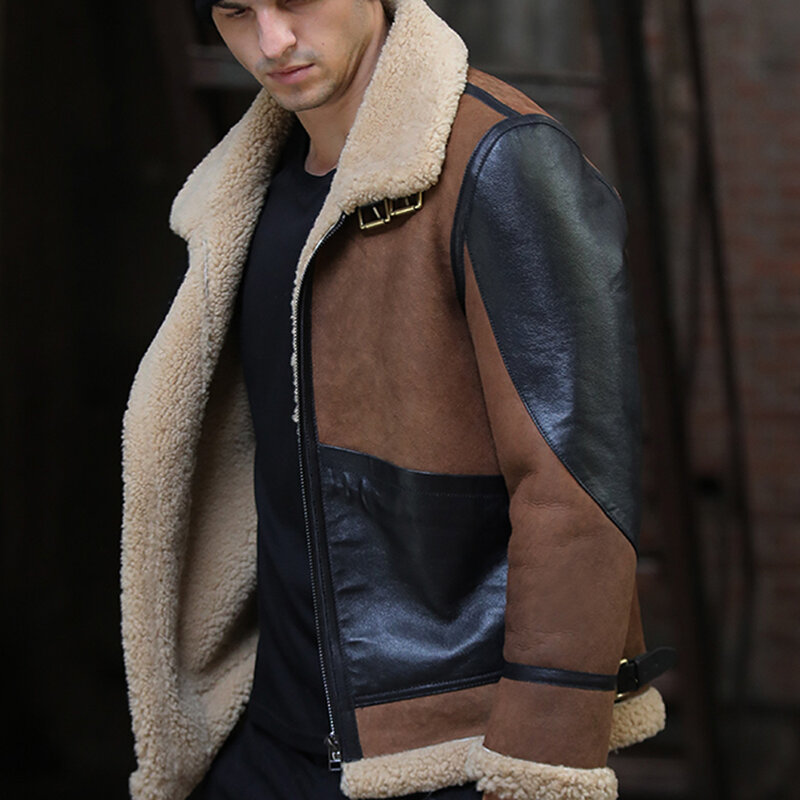 Thicken Shearling Fur Sheepskin Men Formal Causal Brown Genuine Leather Thick Fur Jacket Real Fur Clothing