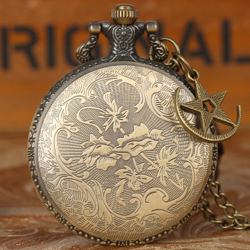 Reloj de bolsillo de cuarzo antiguo con diseño de bandera de pavo de bronce Retro, Círculo de Luna y Estrella, colgante de collar Punk para hombres y mujeres con accesorio