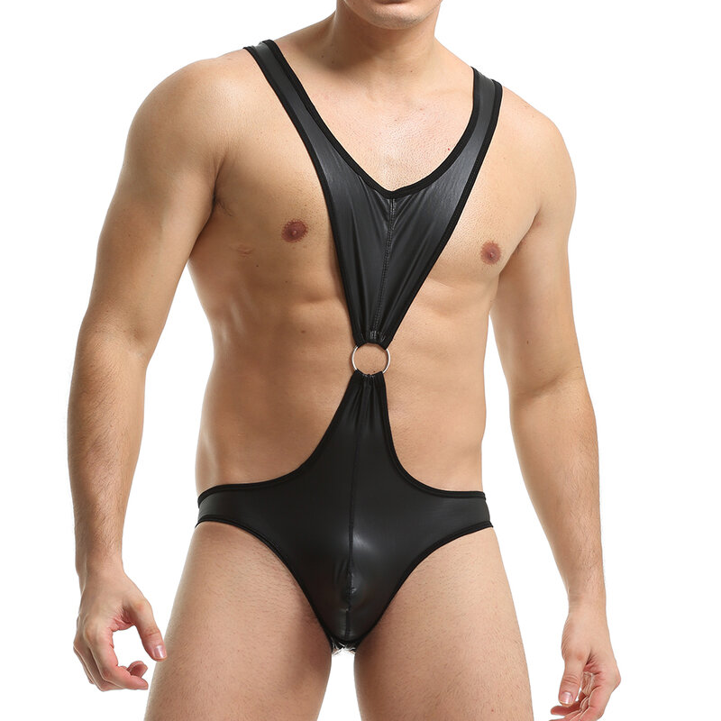 Sexy masculino undershirts collant falso couro singlets bodysuits fetiche erótico jockstrap macacão lingerie bunda aberta látex roupa interior
