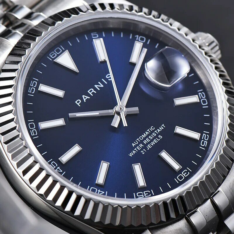 Parnis-reloj mecánico automático para hombre, cronógrafo con esfera azul, calendario, de lujo, 2020