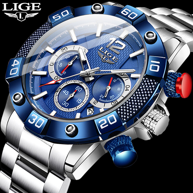 LIGE jam tangan olahraga pria, arloji Stainless Steel tahan air bercahaya, konograf merek unggulan Quartz mewah