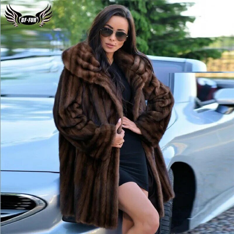 BFFUR Fashion Mink Fur Coats For Women Whole Skin Natural Mink Fur Coat Medium Length Coffee Color Fur Overcoats Trendy 2022 New