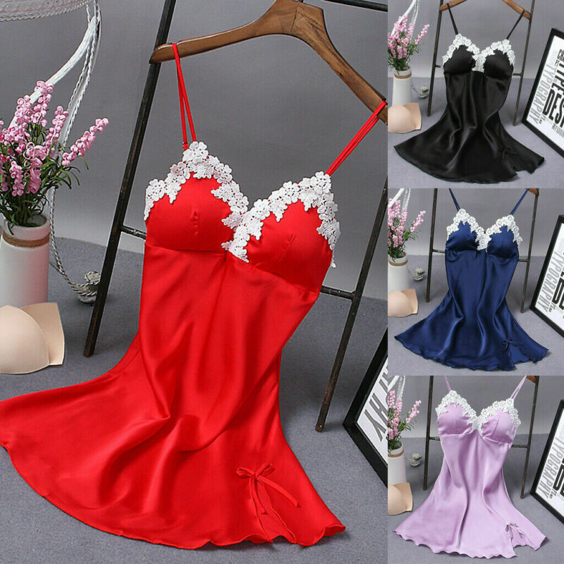 2023 New Summer Sexy Women Lingerie Dress Strap Lace V-neck Solid Satin Nightdress Nightgown Lady Sleepwear Babydolls