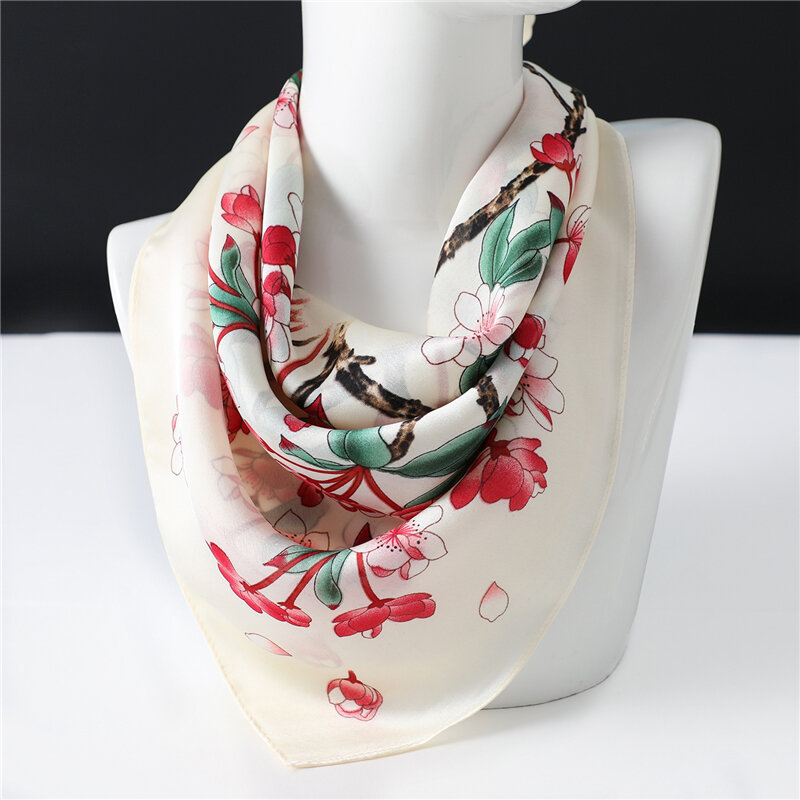 Lenço de seda quadrado para mulheres pescoço cabelo envoltórios foulard bandana cachecóis floral senhora silenciador pareo bandana xale verão 2021