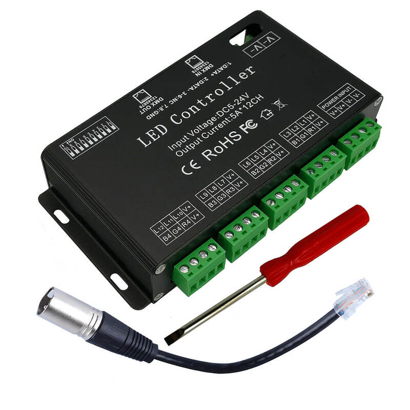 Decodificador DMX de 12 canales, controlador de tira LED RGB de DC5V-24V, 12 canales, DMX512, decodificador de alta potencia 60A, DMX, controlador de atenuación, iluminación de escenario