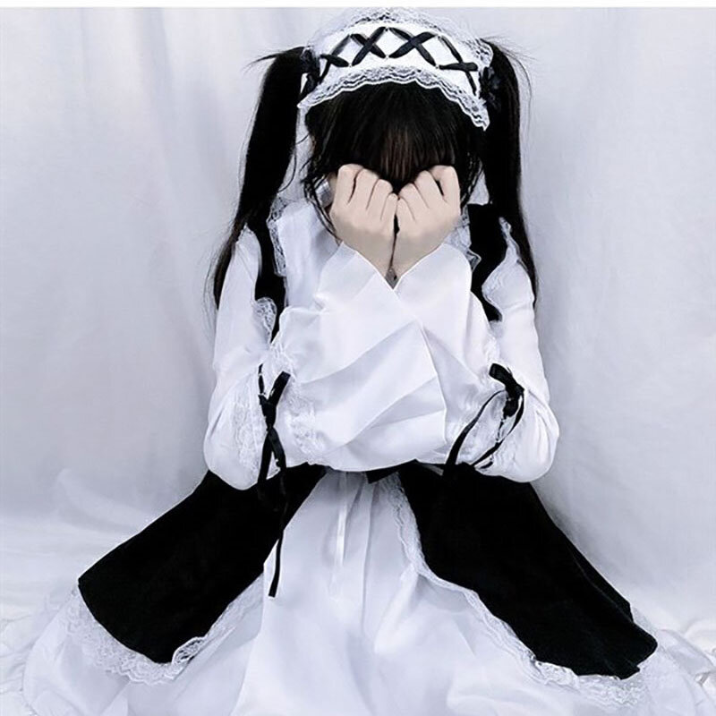 Pakaian Pembantu Wanita Cosplay Lolita Kostum Kafe Lucu Seksi Erotis Lucu Seragam Pria Hitam Putih Gaun Celemek Lucu Ikatan Simpul Mucama