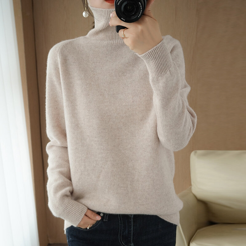 100% Wool Women Turtleneck Knitted Long Pullovers Autumn Winter Casual Loose Solid Sweaters Thick Knitting Jumper Ladies sweater