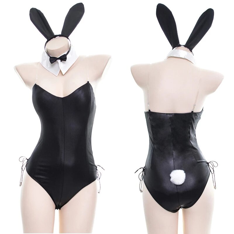 Conjunto feminino de coelho couro falso, fantasia de coelho fofo de boa qualidade que pode vestir para cima, para cosplay