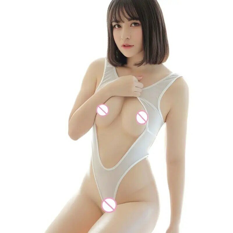 Open Crotch Sexy Women Smooth Milk Ice Silk See Through High Cut Bodysuit Transparent Hollow Playsuit Erotic Catsuit Leotard