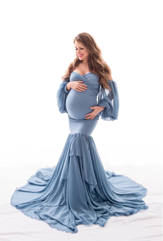 เซ็กซี่ไหล่คลอดบุตรชุด Photoshoot Ruffles การตั้งครรภ์ Maxi ชุดตั้งครรภ์เสื้อผ้ากุลสตรีอุปกรณ์ประกอบฉากการถ่ายภาพชุดนางเงือก