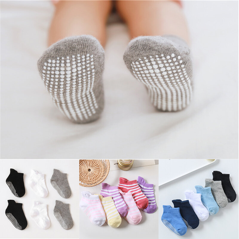Meias antiderrapantes com apertos, meias de algodão para bebês infantis, meninos e meninas, todas as estações, 0 a 5 anos, 6 pares por lote