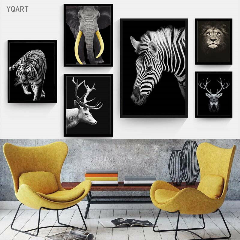 Nordic nero bianco animali dipinti su tela elefante Zebra mucca Wall Art immagini Poster e stampa per soggiorno camera da letto Decor