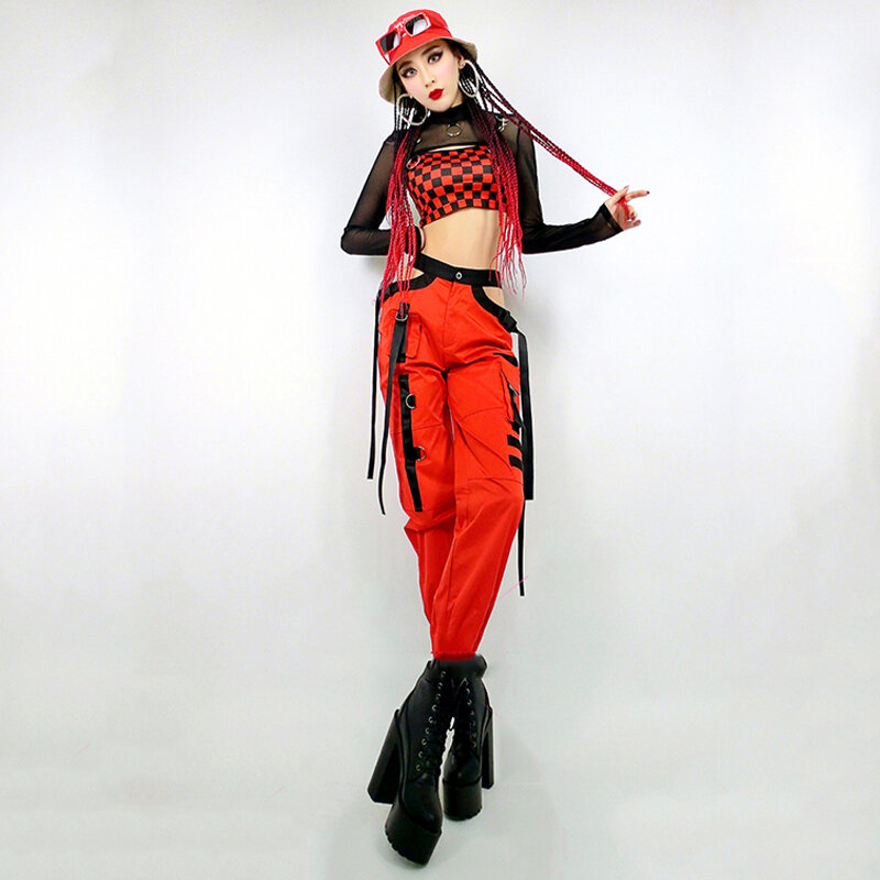 Moda hip hop roupas de dança para meninas vermelho outfits jazz