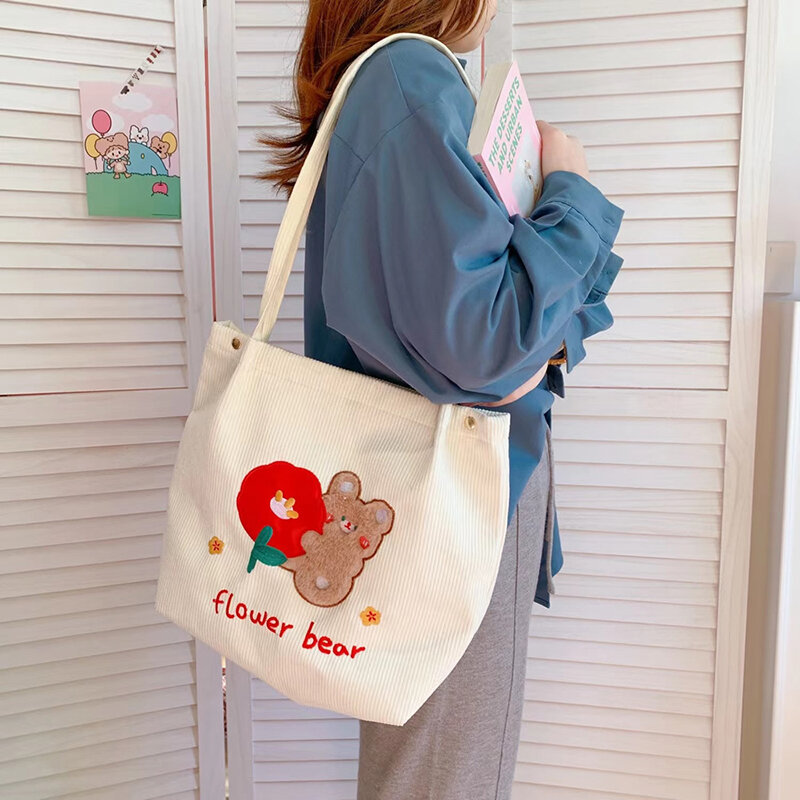 Женская Вельветовая сумка через плечо, Модная студенческая сумка для хранения книг с вышивкой кролика, милые вместительные сумки для покупок, 465