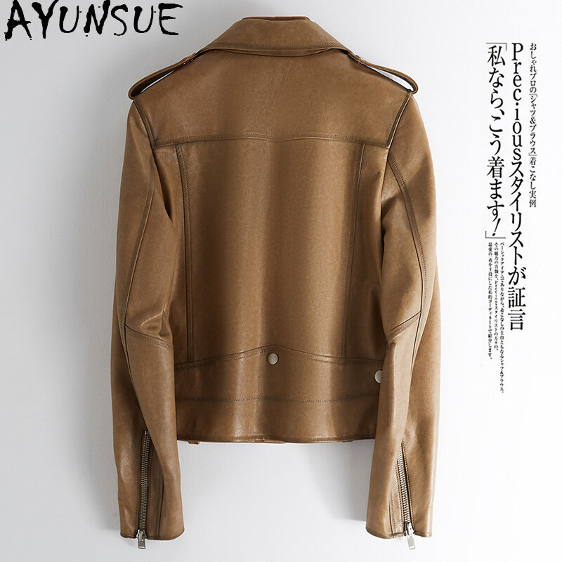 Байкерская кожаная куртка AYUNSUE для женщин, куртка из 100% натуральной овечьей шкуры, женская короткая одежда, весна-осень 2020, Женская куртка 25