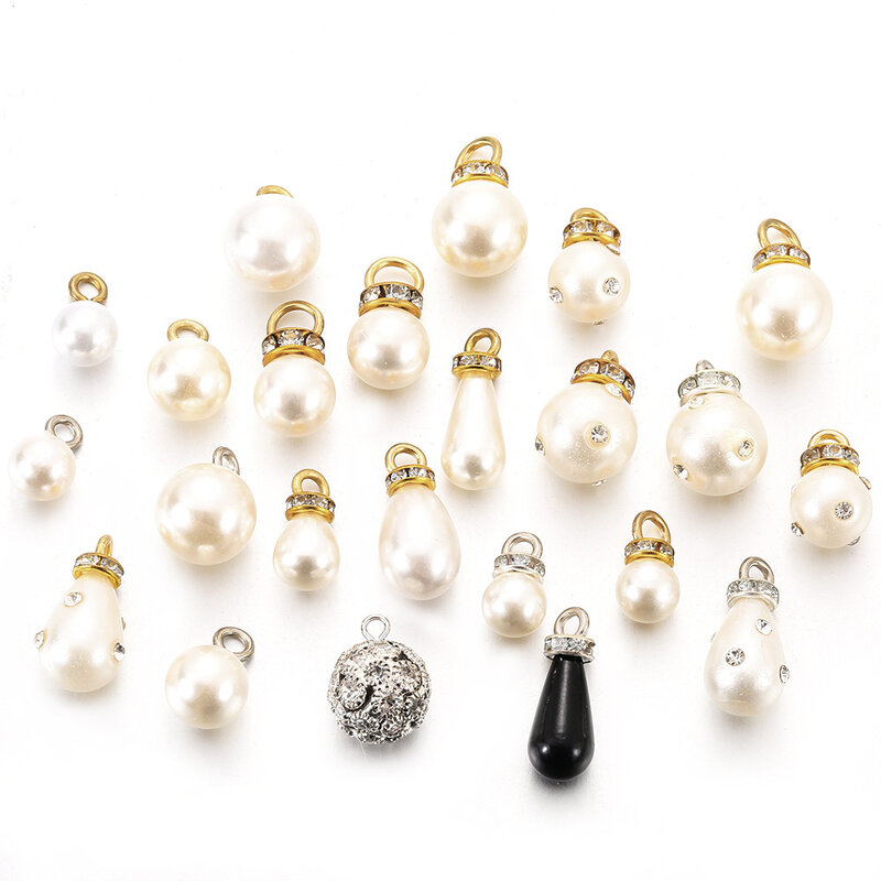 20pcs White Imitation Pearl Pendant Mixed Style Geometric Pearl Charm W/rhinestone DIY Handmade Jewelry Dress Accessories